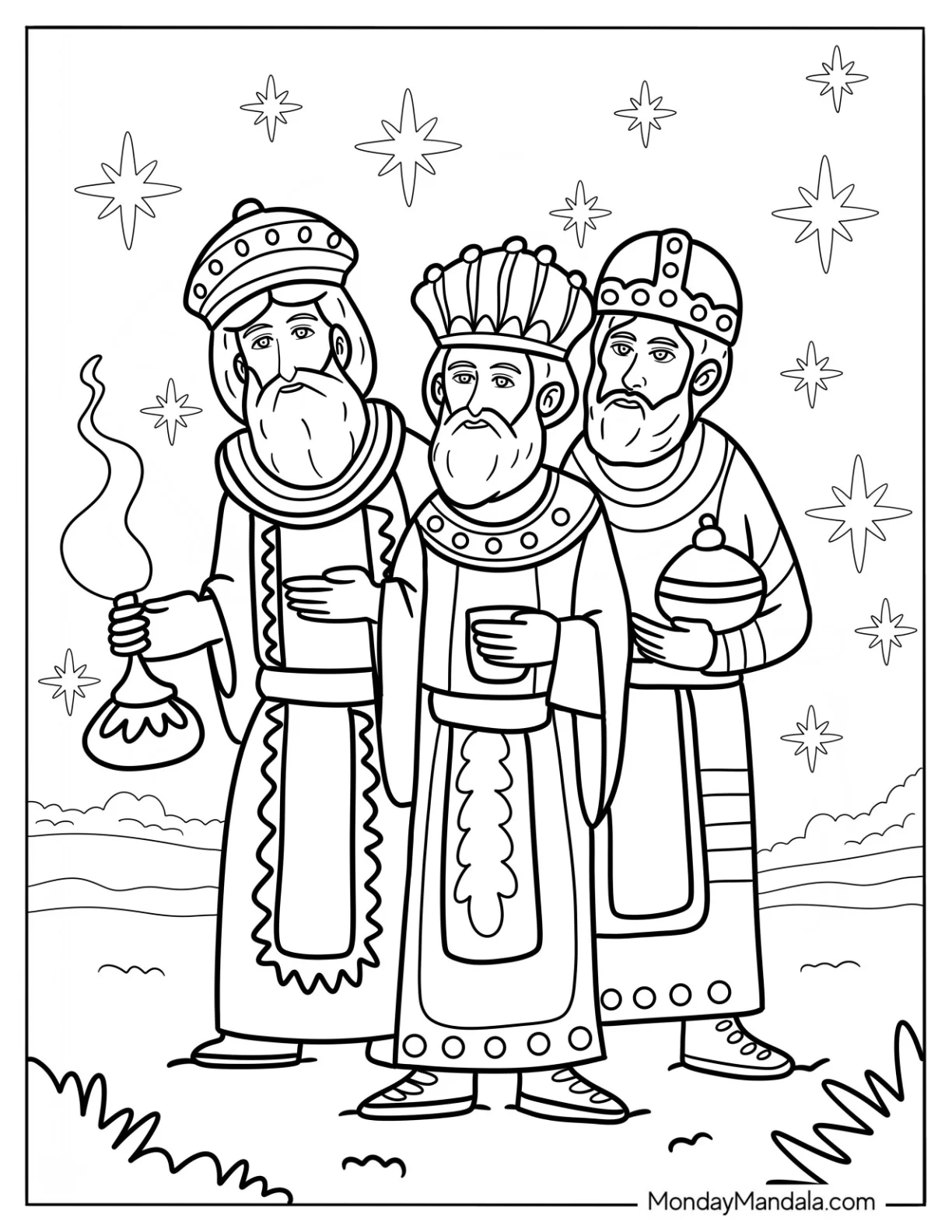 Nativity Coloring Page Of The Three Wise Men Carrying Gifts coloring page