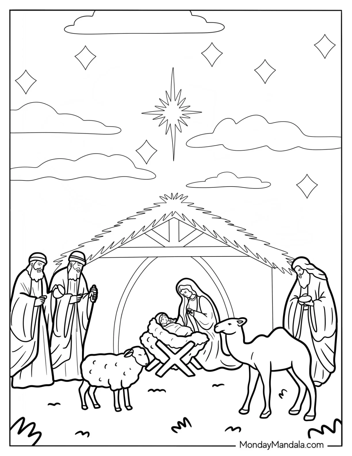 Nativity Coloring Page Of Three Magis Visiting Newborn Jesus In The Manger coloring page