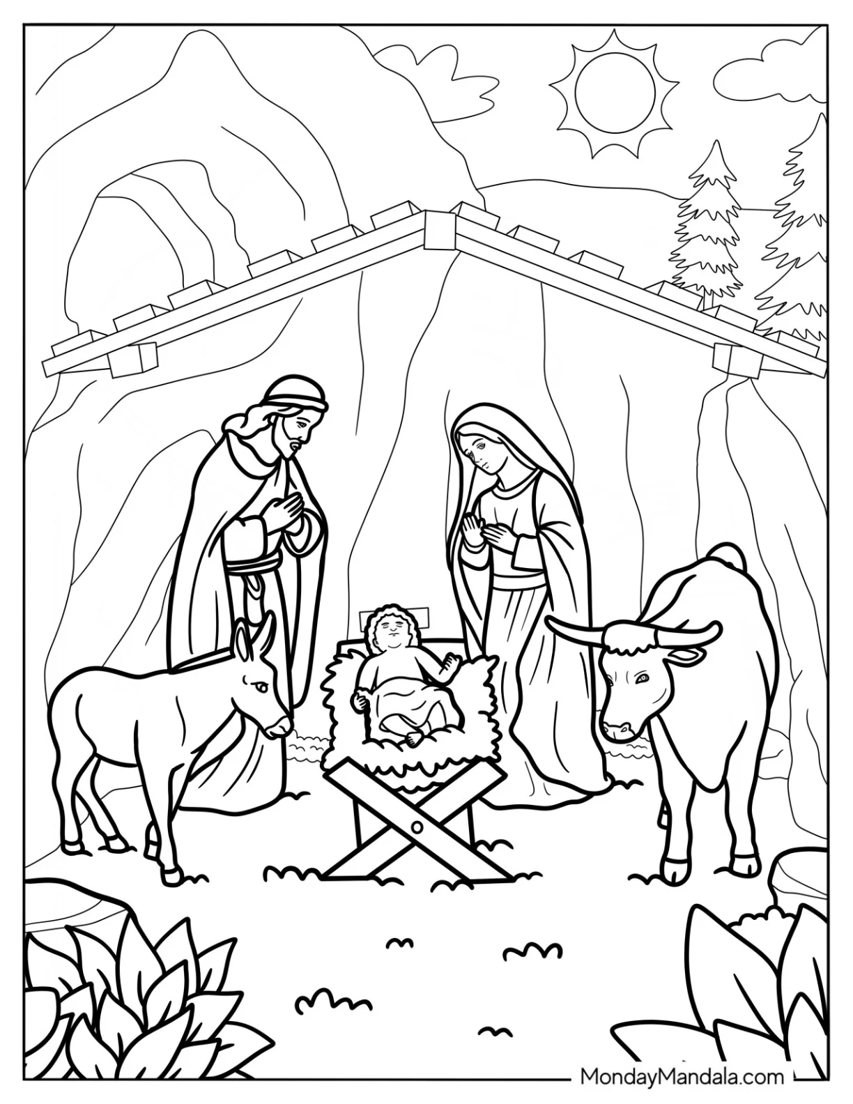 Nativity Coloring Page With Cow And Pony Surrounding Jesus coloring page