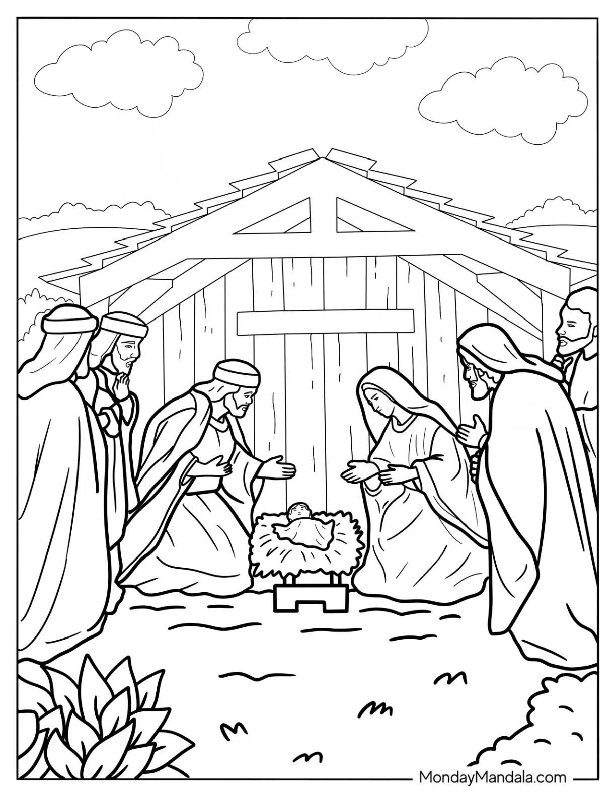 Simple Nativity Coloring Page With The Wise Men coloring page