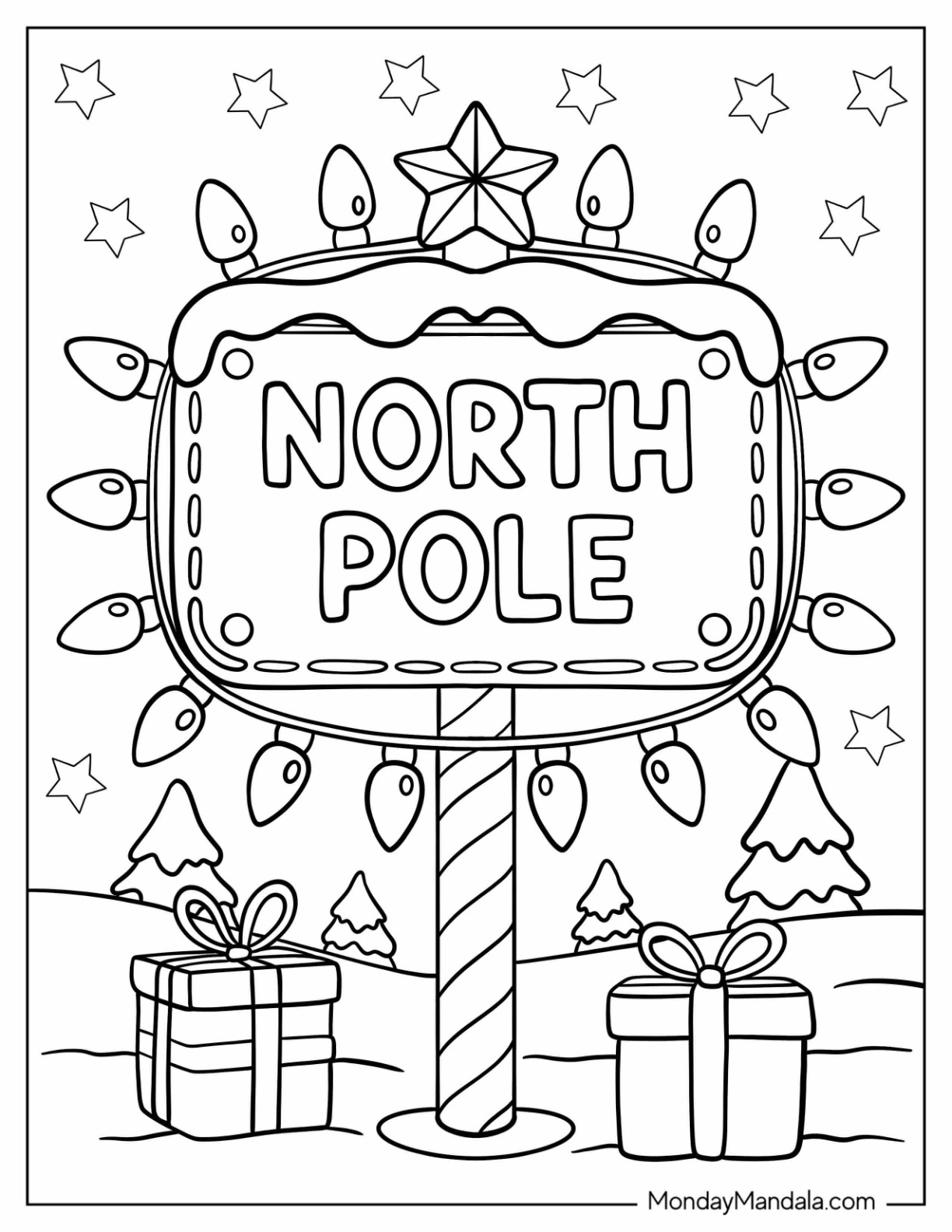 Festive North Pole Coloring Page Sign with Christmas Lights and Presents for Kids coloring page