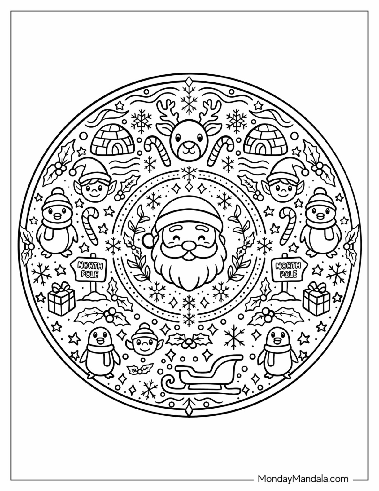 North Pole Christmas Mandala with Santa, Penguins, and Reindeer coloring page