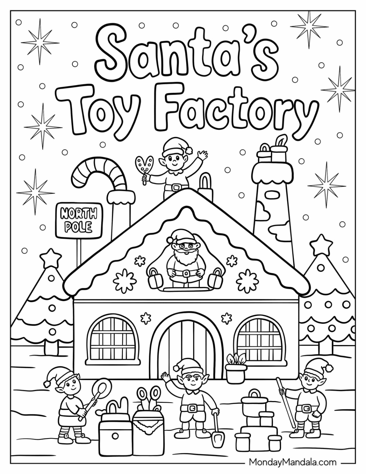 North Pole Christmas Toy Factory with Elves and Santa Coloring Sheet coloring page