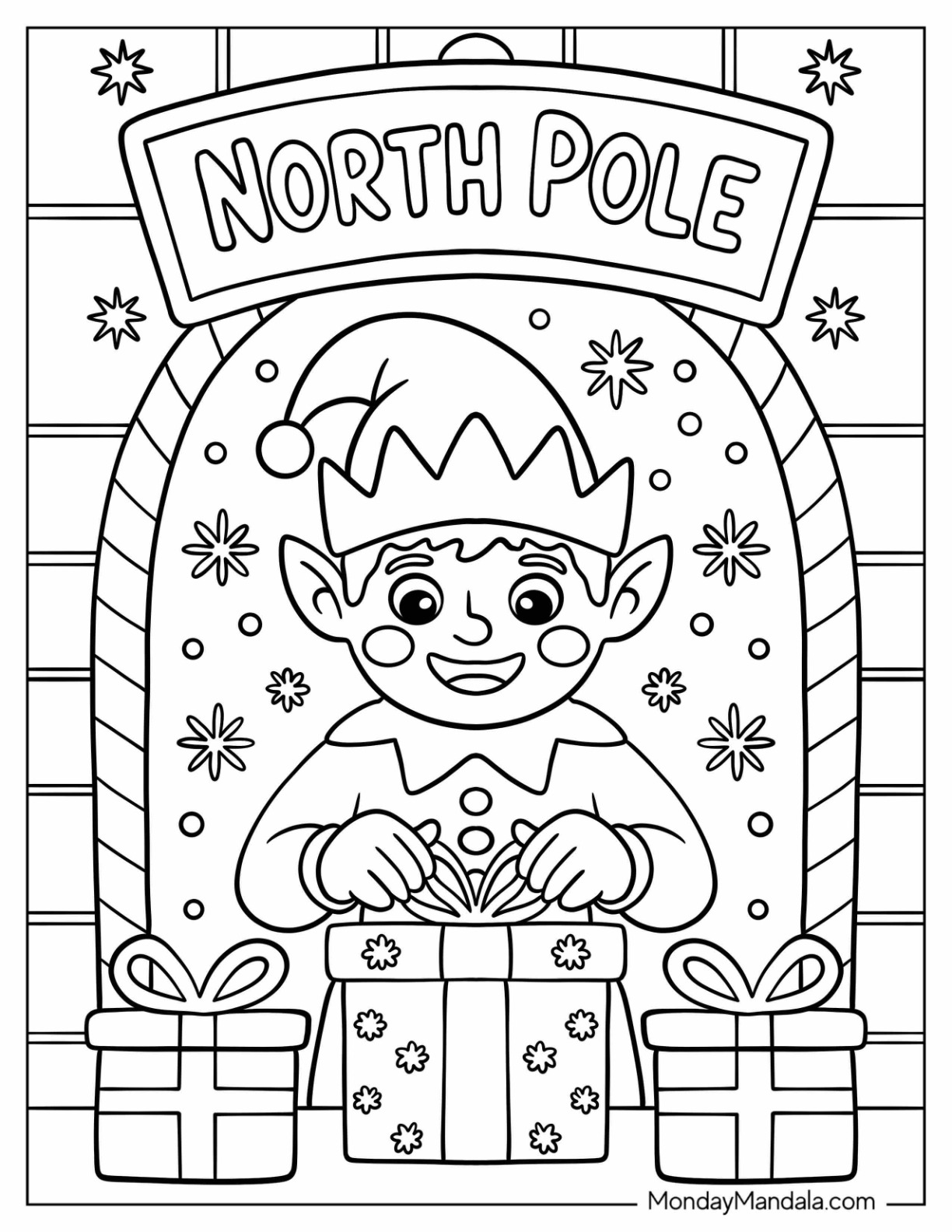 North Pole Coloring Page Elf Opening Christmas Gifts coloring page
