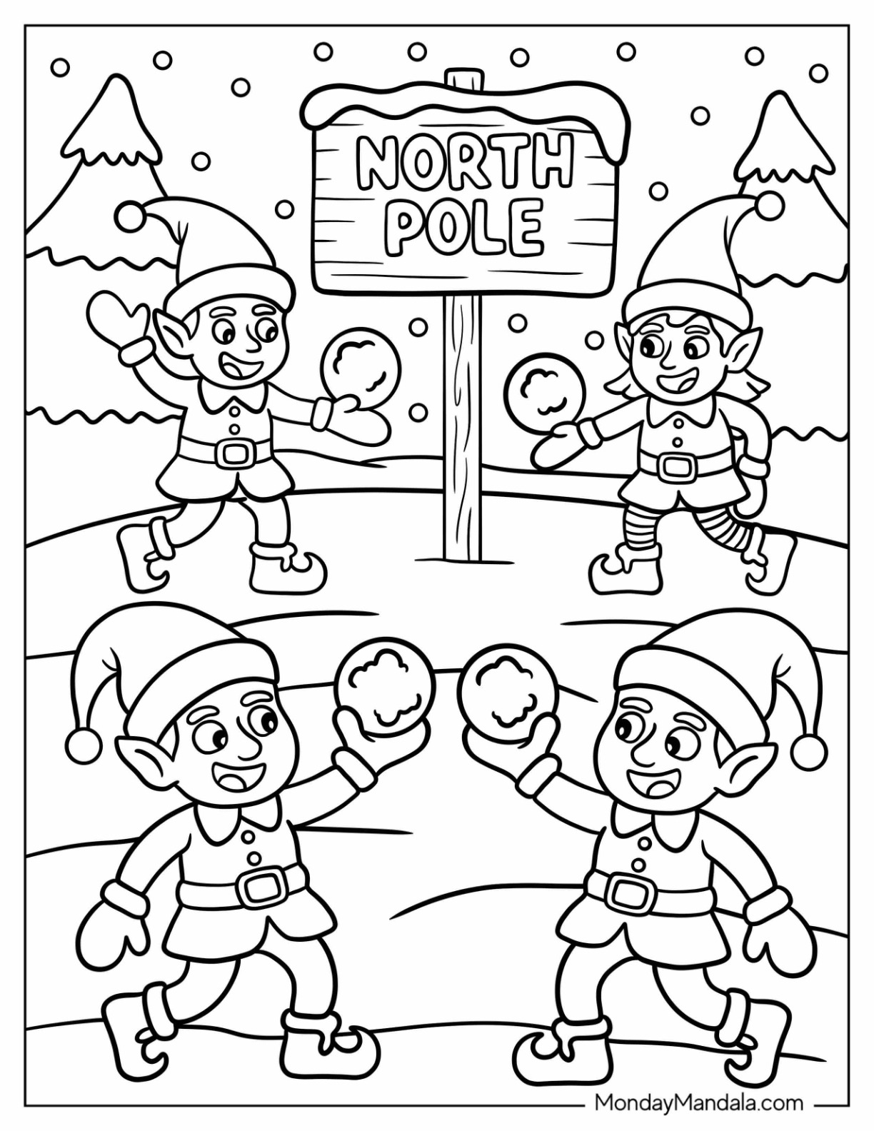 North Pole Coloring Page Elves Having a Snowball Fight coloring page