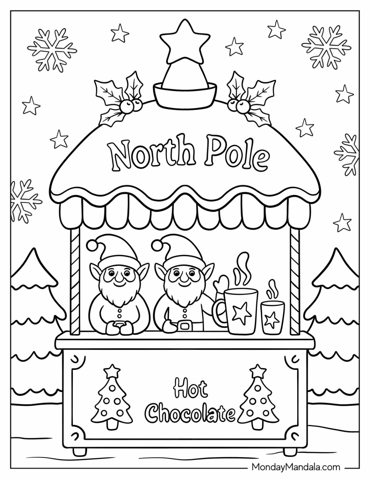 North Pole Coloring Page Elves Serving Hot Chocolate coloring page