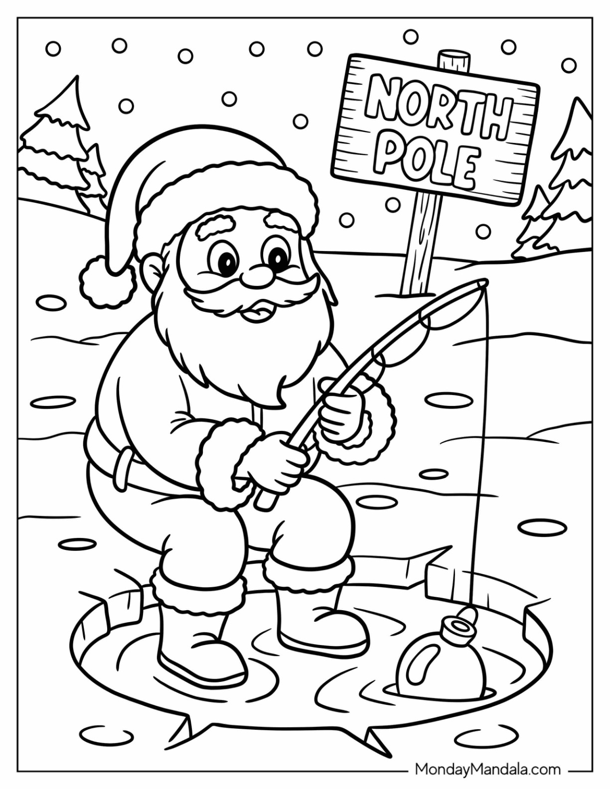 North Pole Coloring Page of Chibi Santa Ice Fishing for Kids coloring page