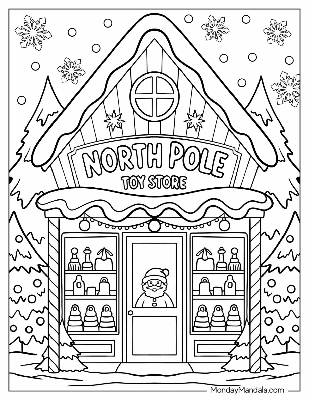 North Pole Coloring Page of Toy Store with Santa at the Door coloring page