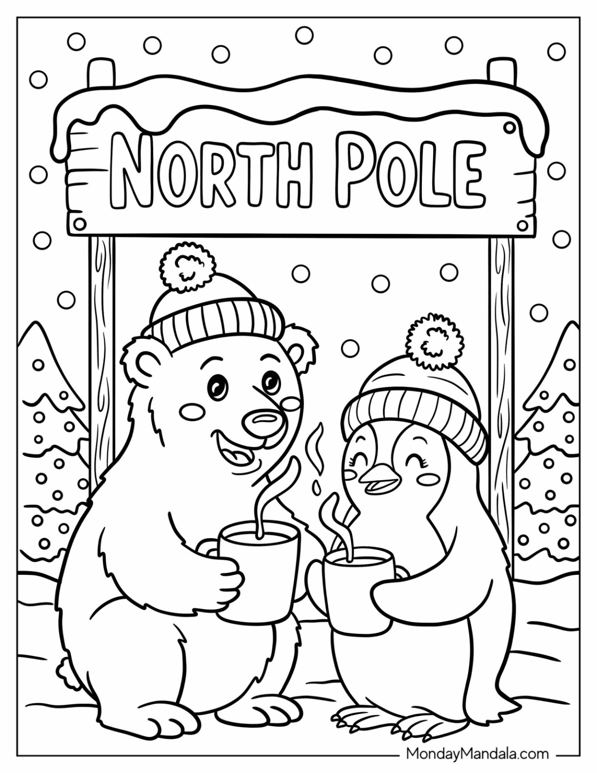 Polar Bear and Penguin Drinking Hot Cocoa at the North Pole Coloring Page coloring page