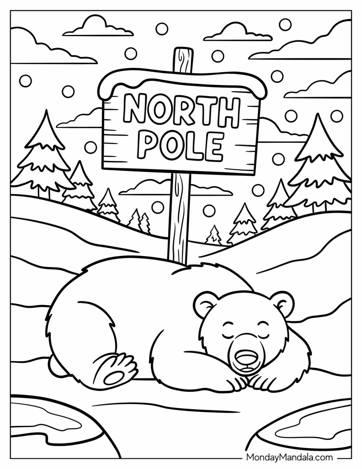 Polar Bear Sleeping Under North Pole Coloring Page Sign coloring page