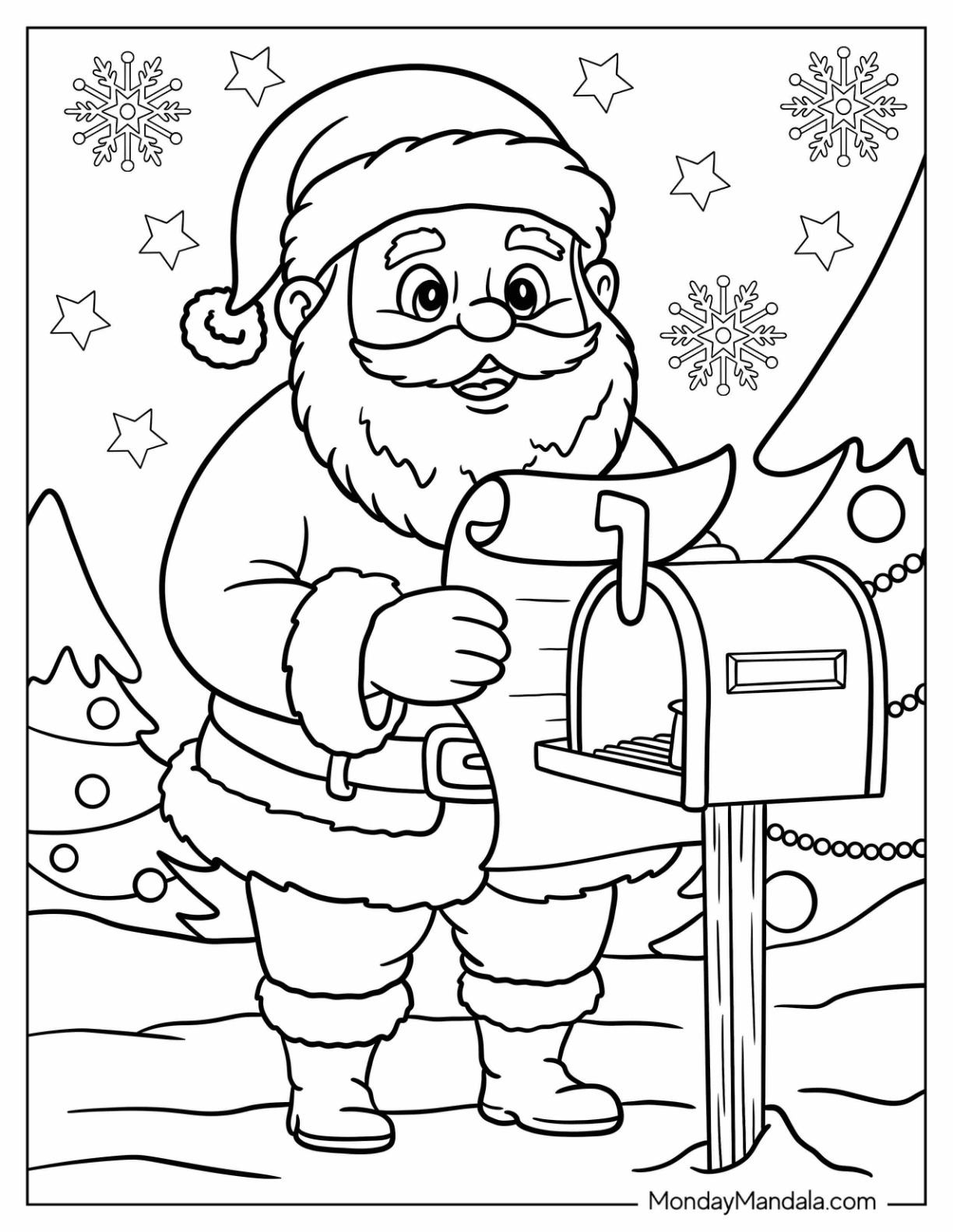 Santa Checking Christmas Mail at the North Pole Coloring Page for Kids coloring page