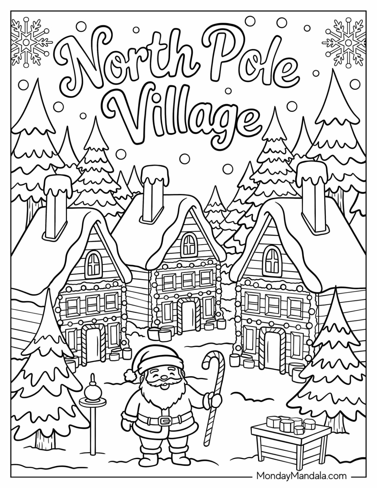 Santa Walking Through Festive North Pole Coloring Page Village coloring page