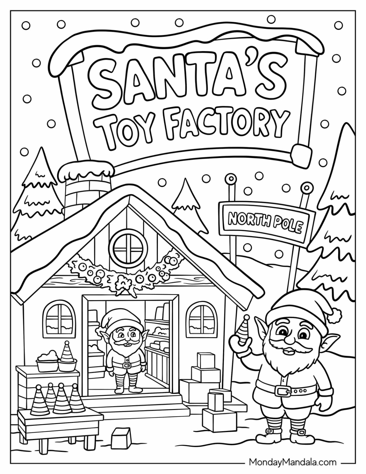 Santa’s Toy Factory at the North Pole Coloring Page with Elves for Kids coloring page