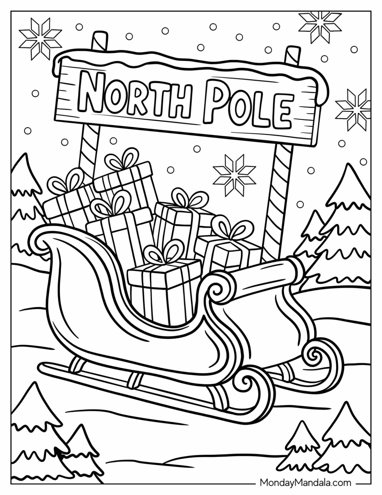 Sleigh Full of Presents with North Pole Coloring Page Sign coloring page