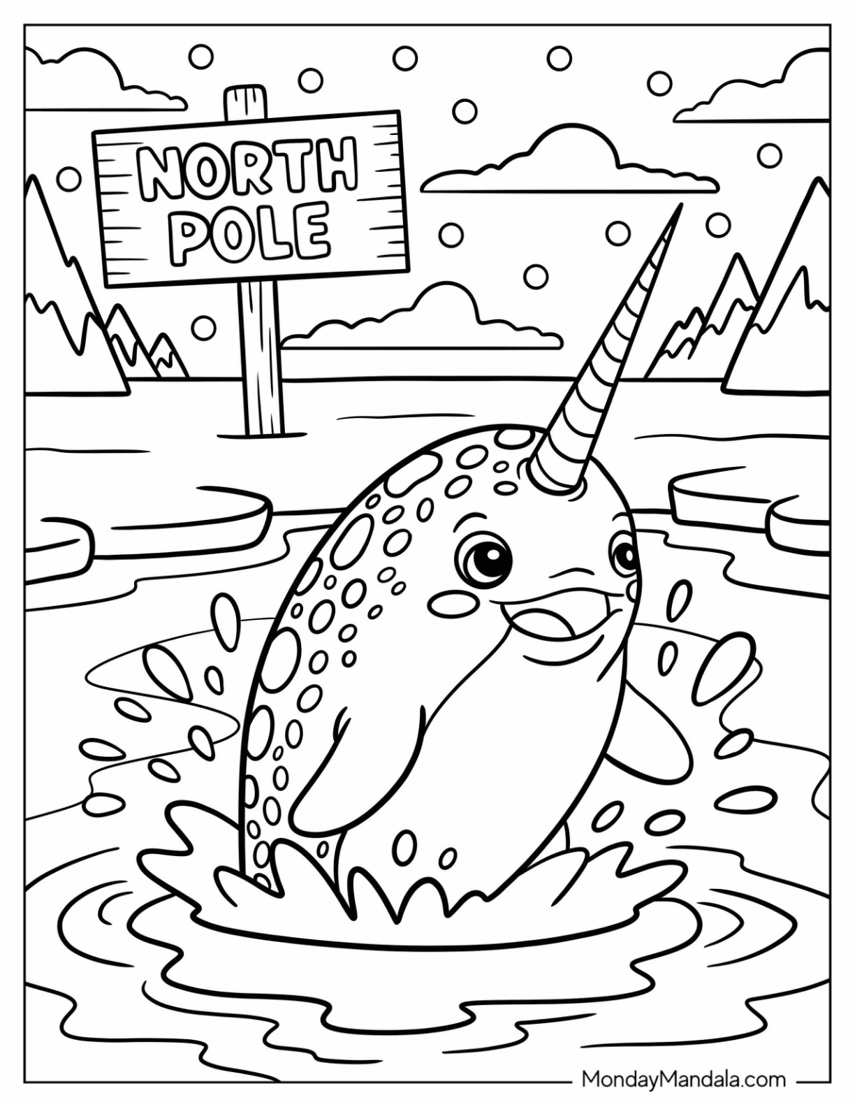 Spotted Narwhal Surfacing from the Water With North Pole Coloring Page Sign in the Background coloring page
