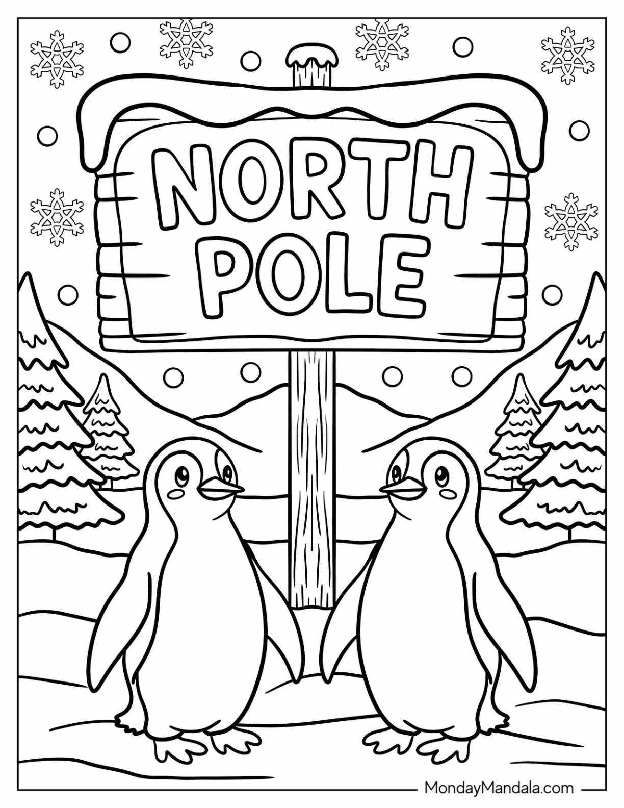 Two Cute Penguins in Front of North Pole Coloring Page Sign coloring page