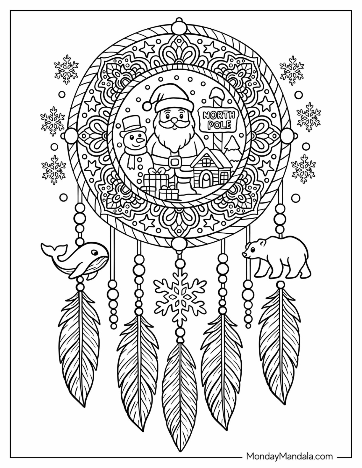Whimsical North Pole Coloring Page Dreamcatcher with Santa, Polar Bear, and Snowflakes coloring page