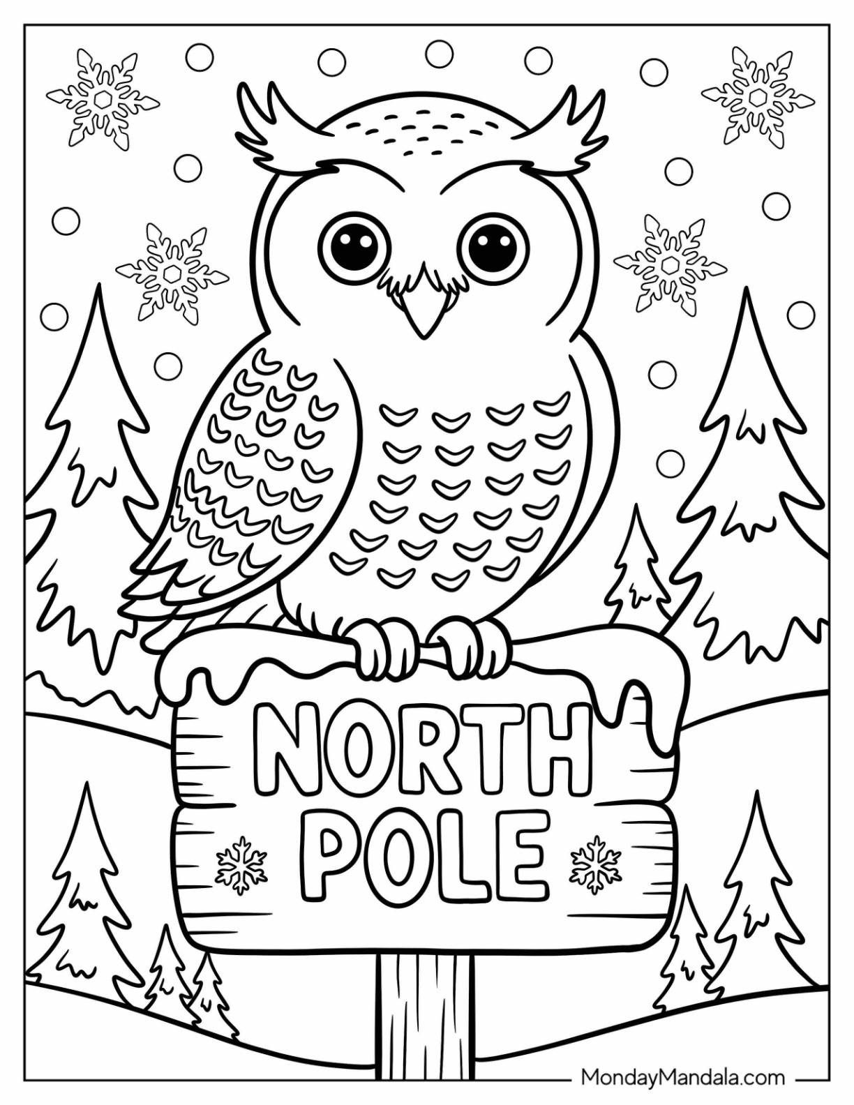 Wise Owl Sitting on North Pole Coloring Page Sign for Kids coloring page