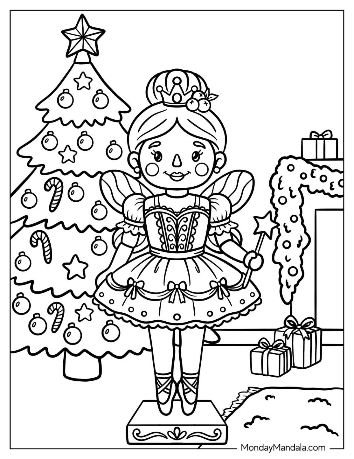 Ballerina Nutcracker Holding a Star Wand by a Christmas Tree Coloring Sheet coloring page — printable line art