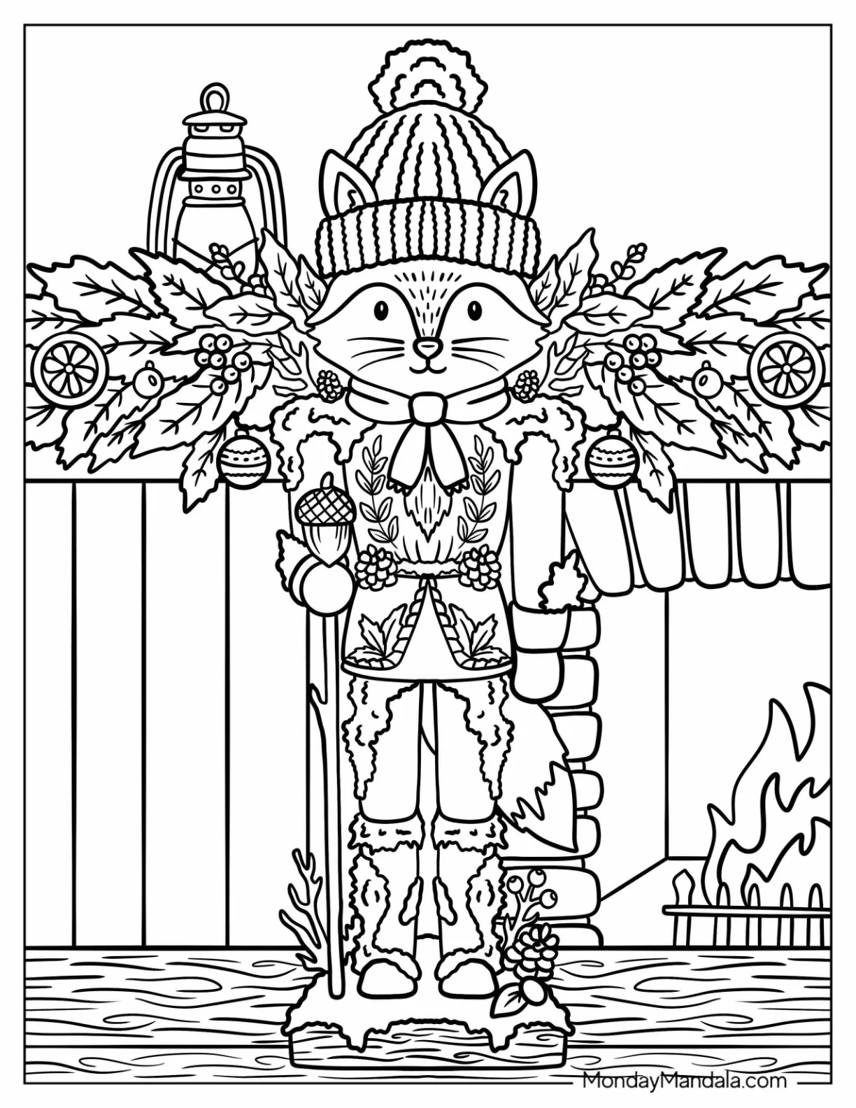 Cat Nutcracker Holding an Acorn by a Christmas Fireplace Coloring Sheet coloring page — printable line art