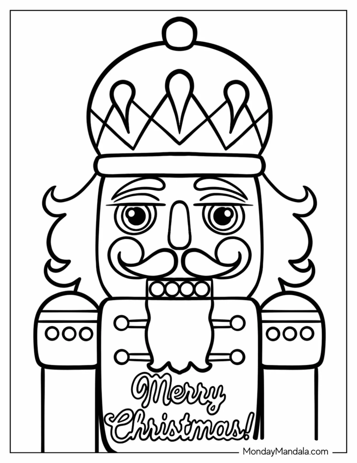 Close Up Of A Nutcracker Coloring Page With A Christmas Greeting For Kids coloring page — printable line art