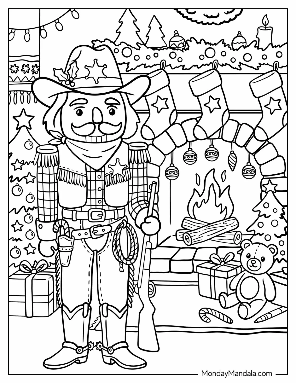 Cowboy Nutcracker Holding a Lasso by a Christmas Fireplace coloring page