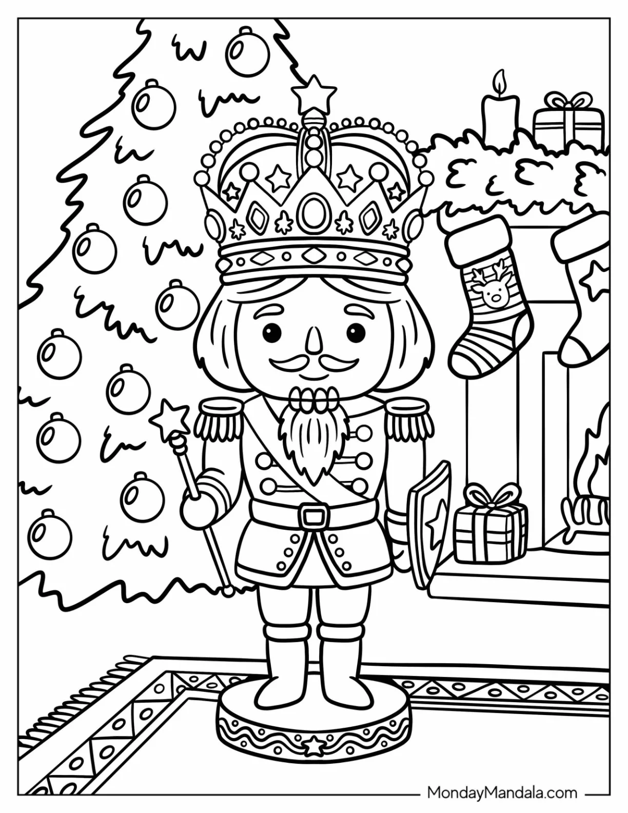Crowned Nutcracker Holding a Star Wand by a Christmas Fireplace Coloring Sheet coloring page