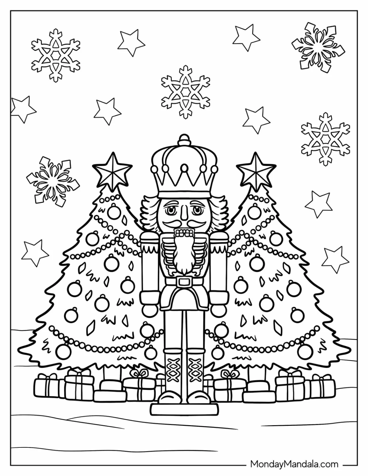Detailed Nutcracker Coloring Page In Front Of Presents And Christmas Trees coloring page