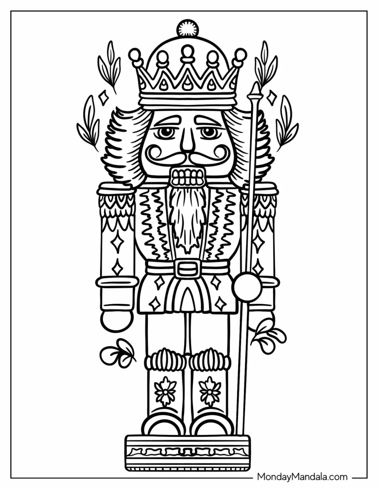 Detailed Nutcracker Coloring Page Wearing A Crown coloring page — printable line art