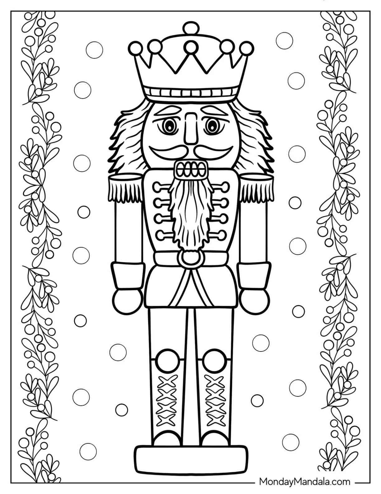 Easy Nutcracker Coloring Page With Mistletoe Frame For Kids coloring page — printable line art
