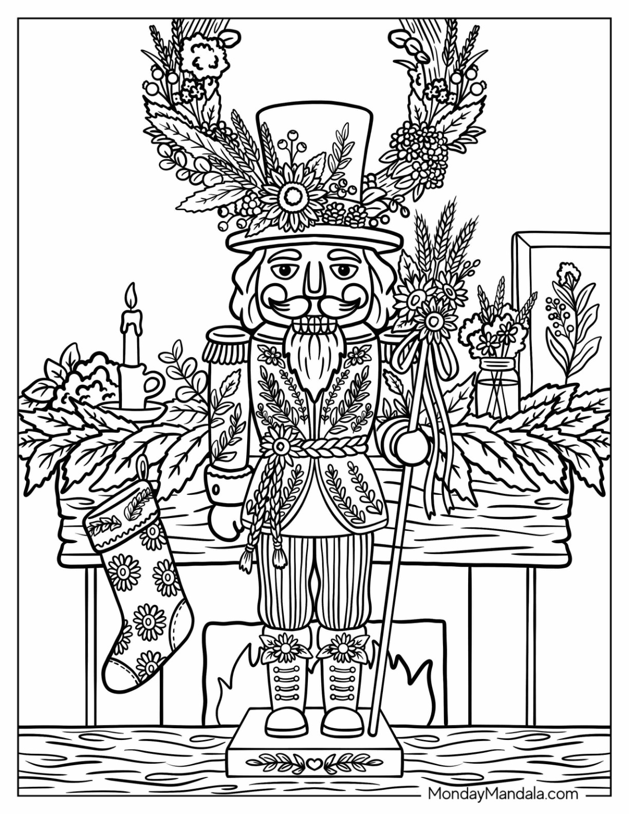 Floral Nutcracker Holding a Staff by a Christmas Mantel Coloring Page coloring page — printable line art