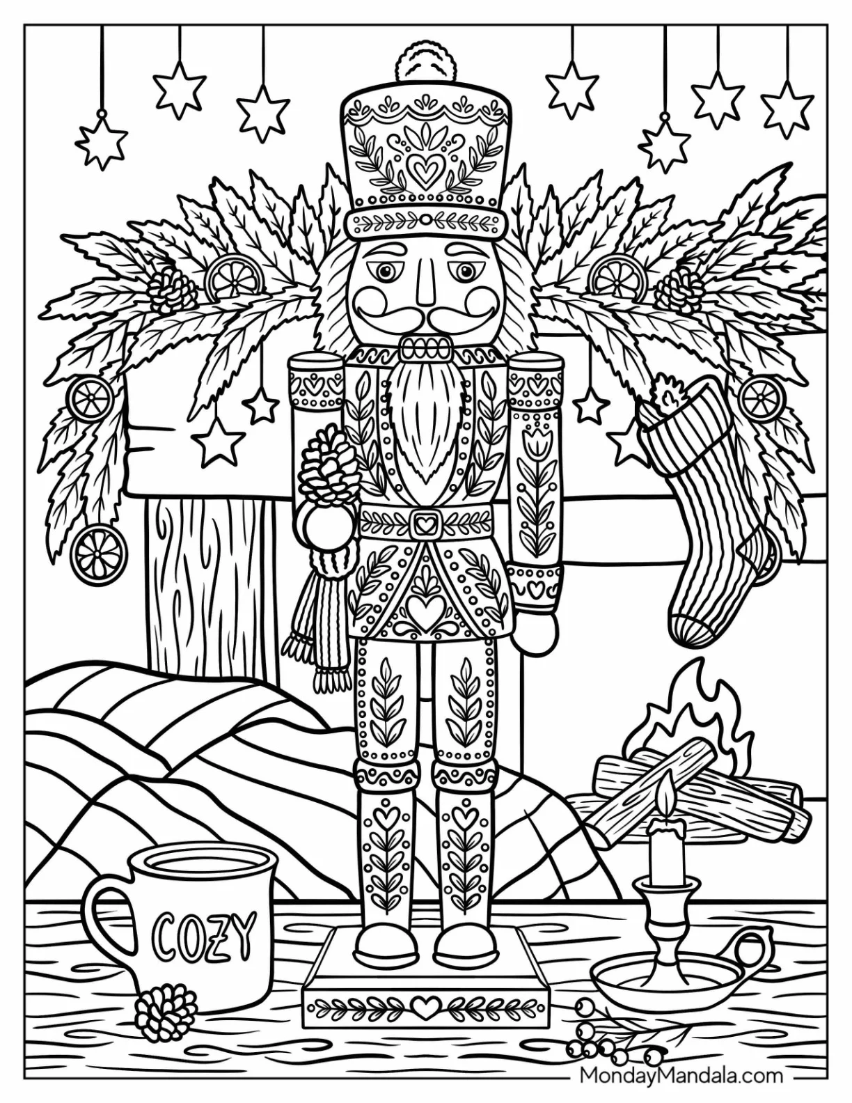 Floral Nutcracker Soldier by a Cozy Christmas Fireplace Coloring Page coloring page