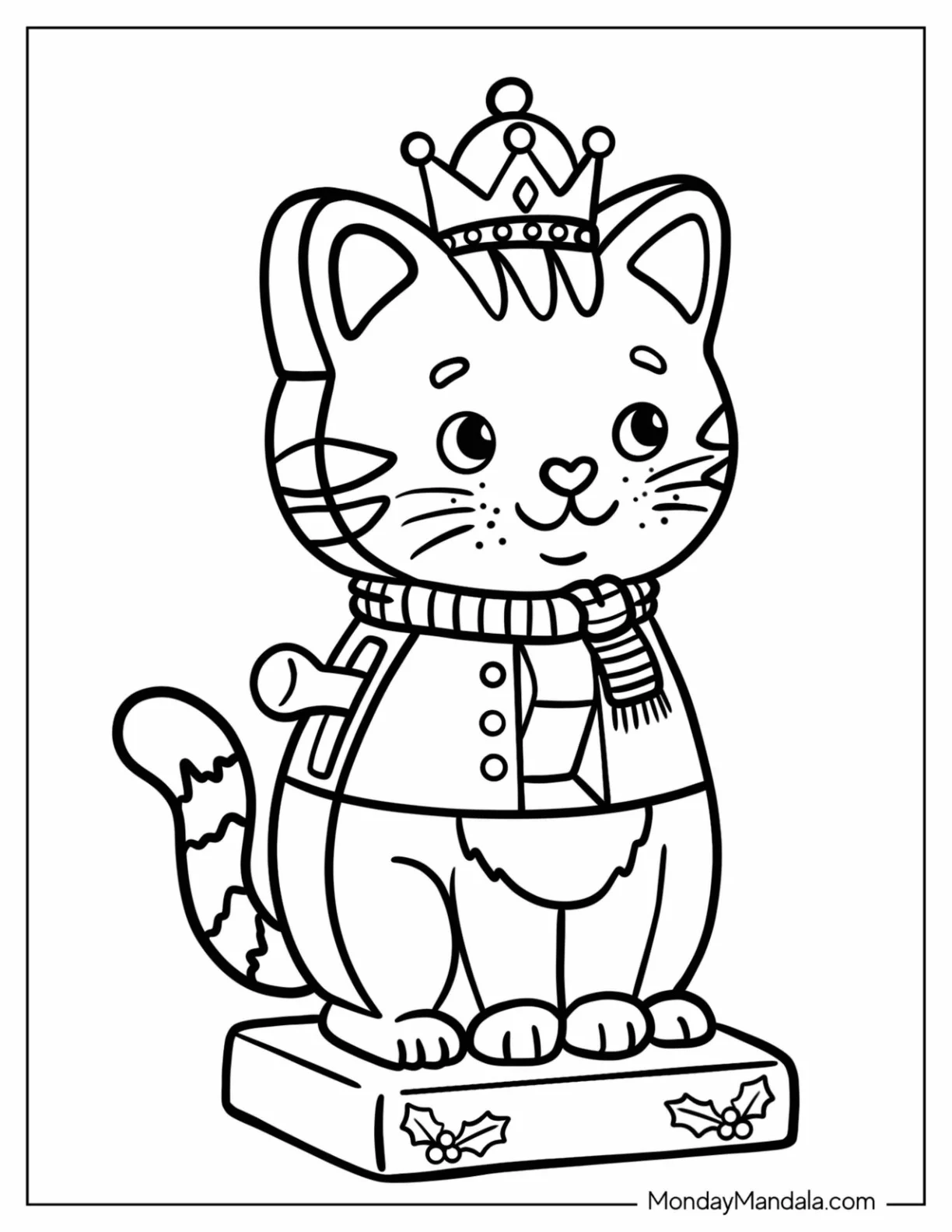 Kawaii Crowned Cat Nutcracker Wearing a Winter Scarf Coloring Sheet for Kids coloring page — printable line art