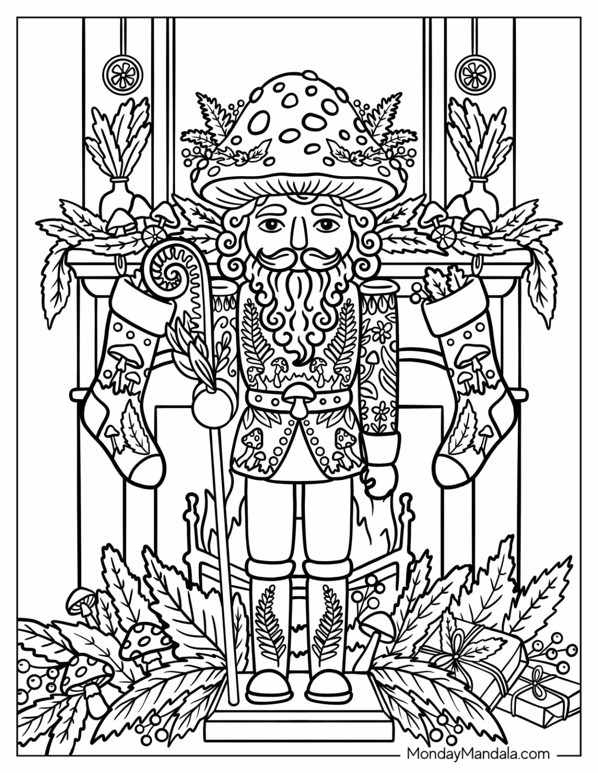 Mushroom Nutcracker Holding a Candy Cane by a Christmas Fireplace coloring page — printable line art