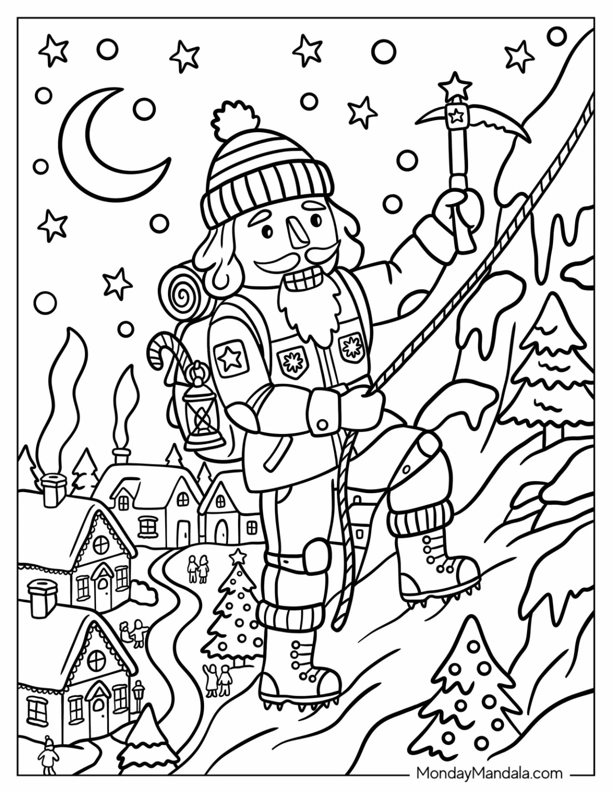 Nutcracker Climbing a Snowy Mountain Above a Christmas Village Coloring Page coloring page — printable line art