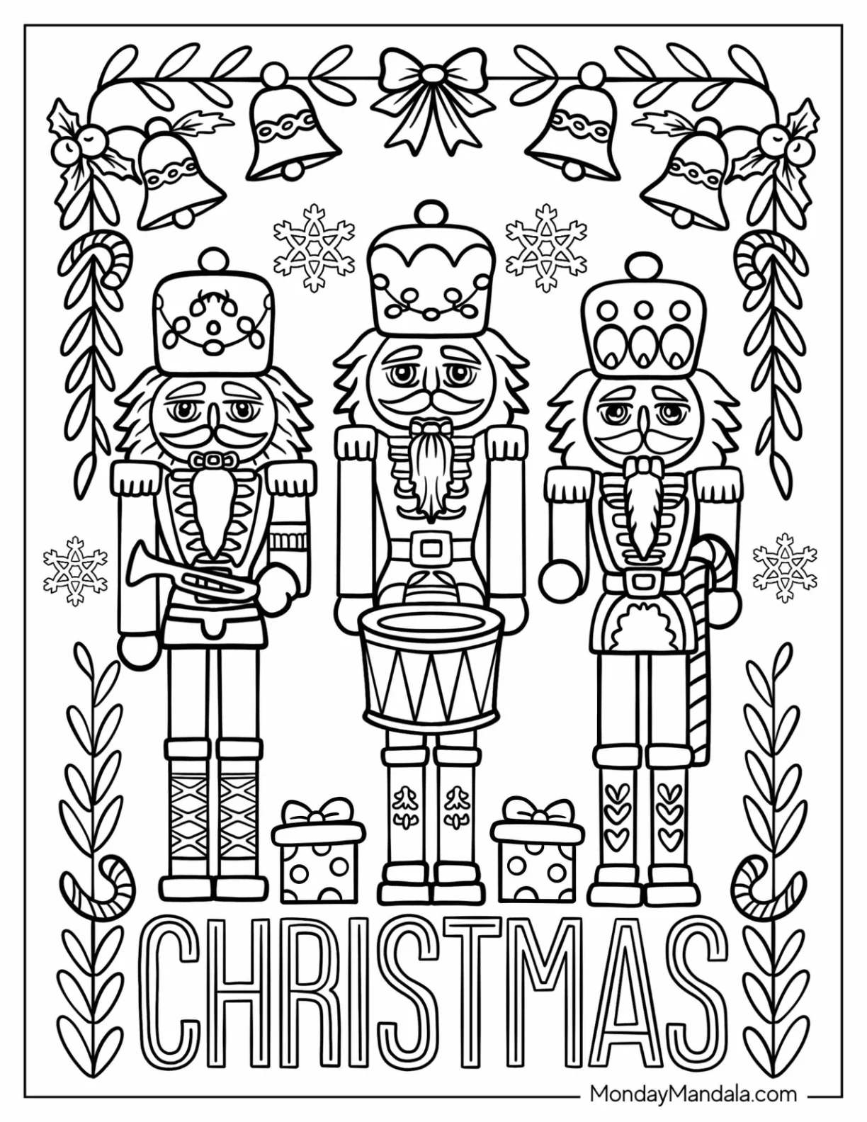 Nutcracker Coloring Page Guards With Laurels And Snowflakes In The Background coloring page