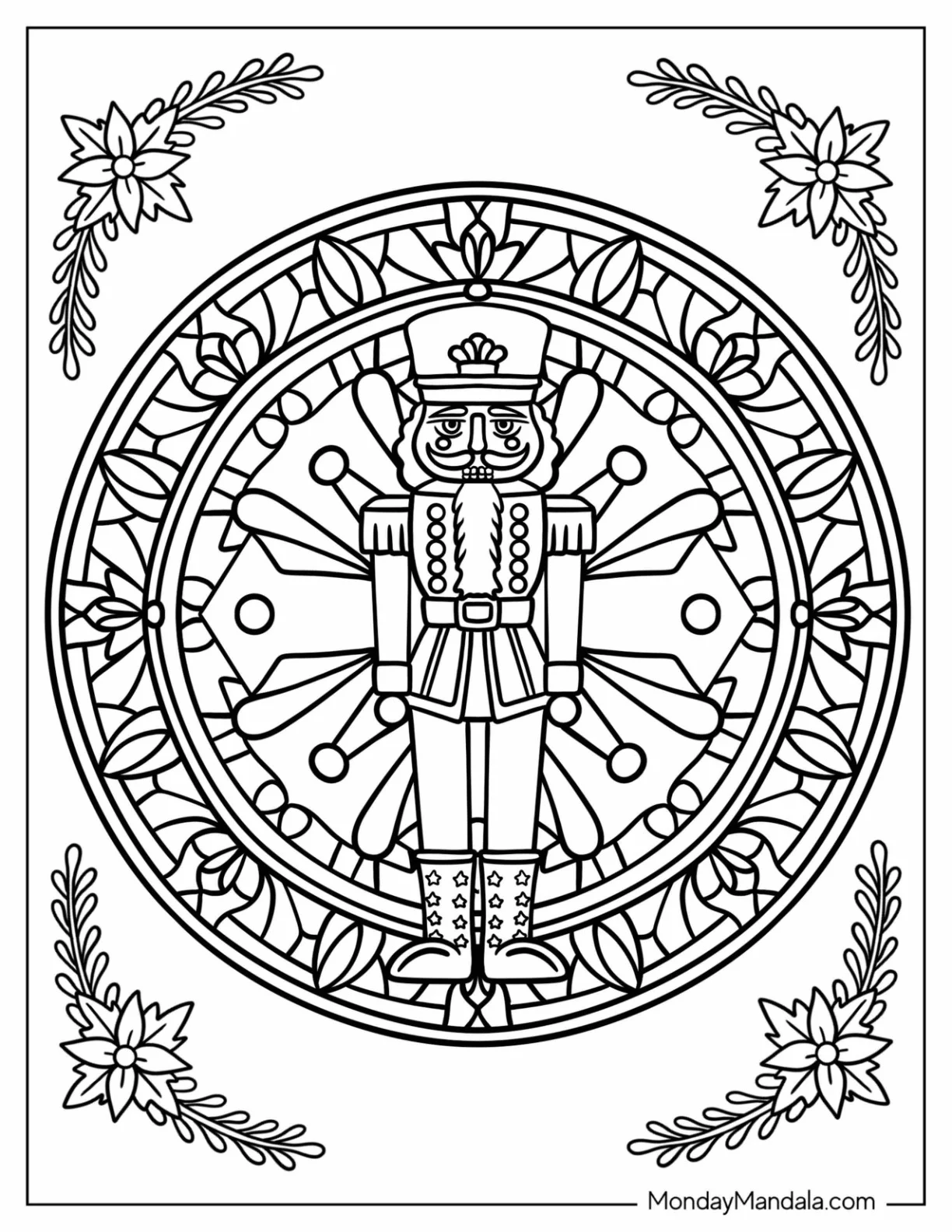 Nutcracker Coloring Page Inside A Snowflake Mandala coloring page — printable line art