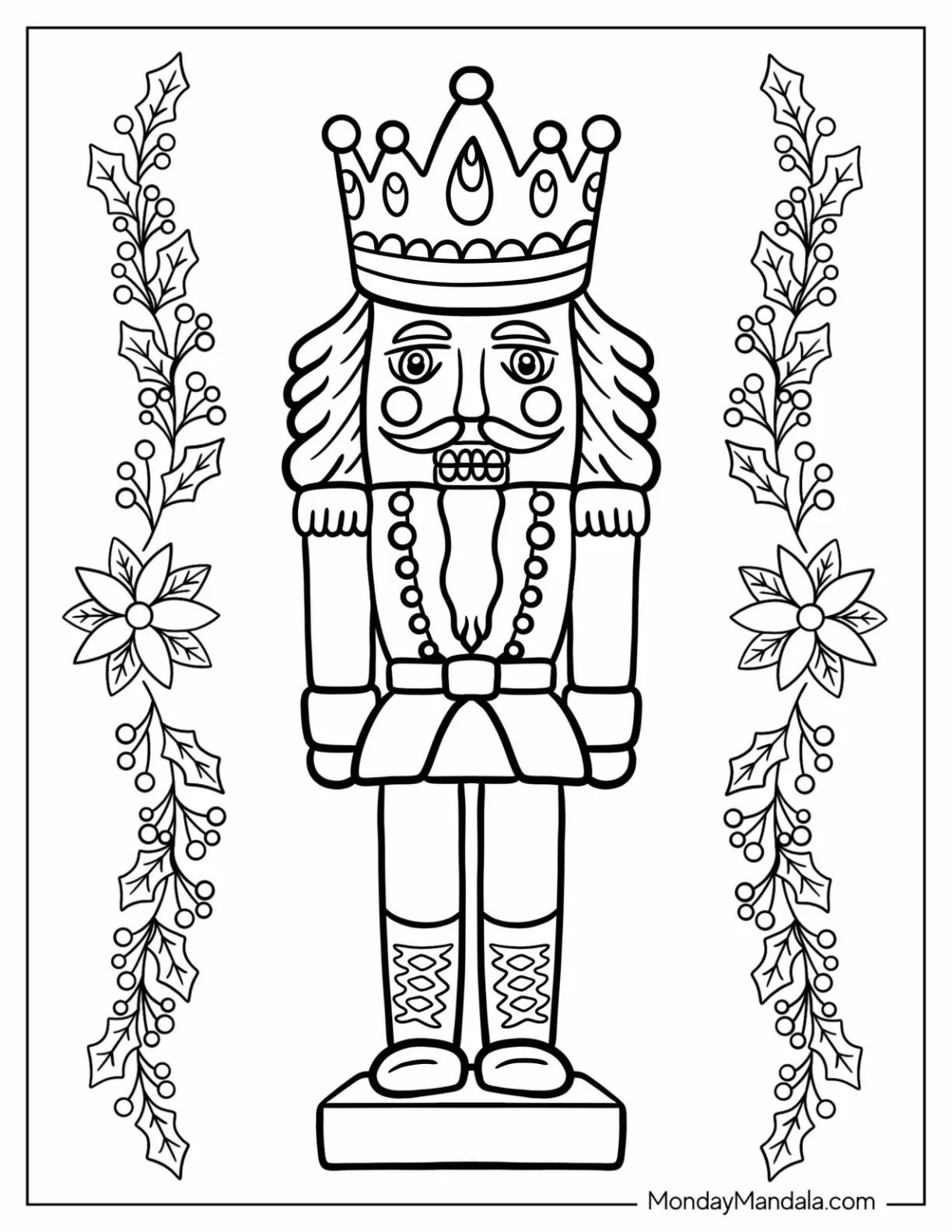 Nutcracker Coloring Page King With Mistletoes And Poinsettia coloring page — printable line art