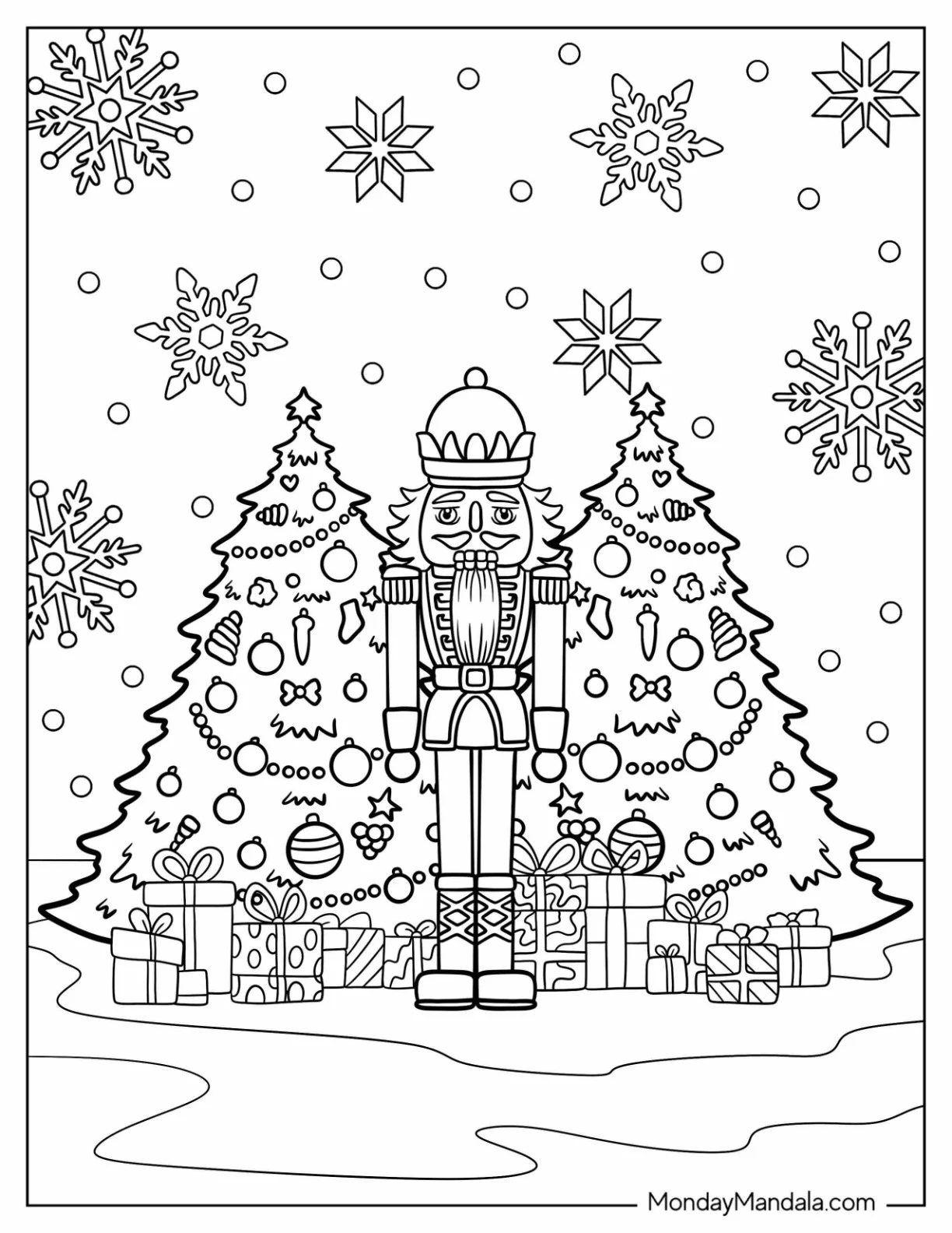 Nutcracker Coloring Page Standing In Front of Two Christmas Trees coloring page — printable line art