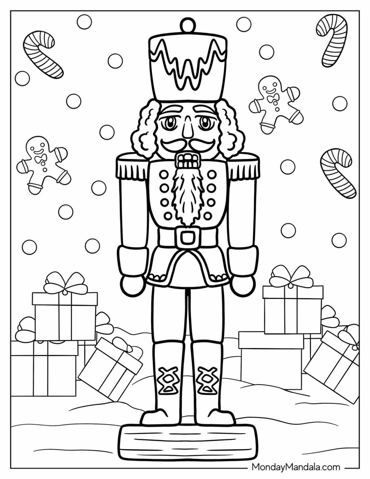Nutcracker Coloring Page Surrounded By Presents, Gingerbread Men, And Candy Canes coloring page — printable line art