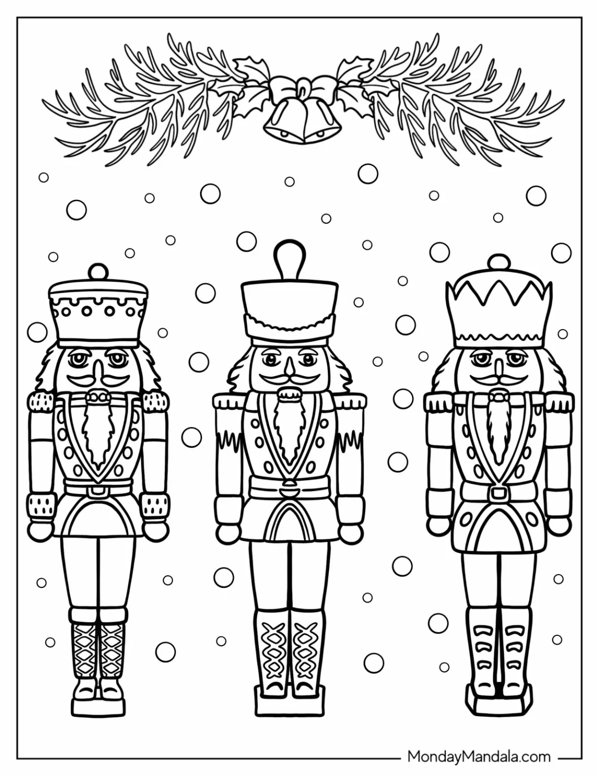 Nutcracker Coloring Page Wearing Different Hats With Snow In The Background coloring page — printable line art
