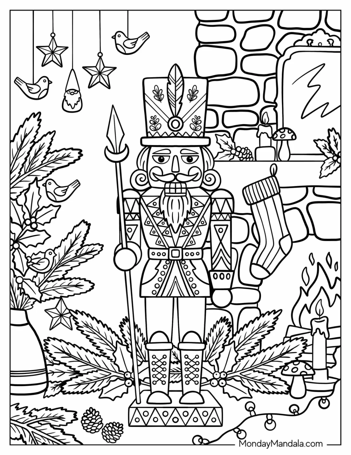 Nutcracker Guard Holding a Spear by a Christmas Fireplace coloring page — printable line art