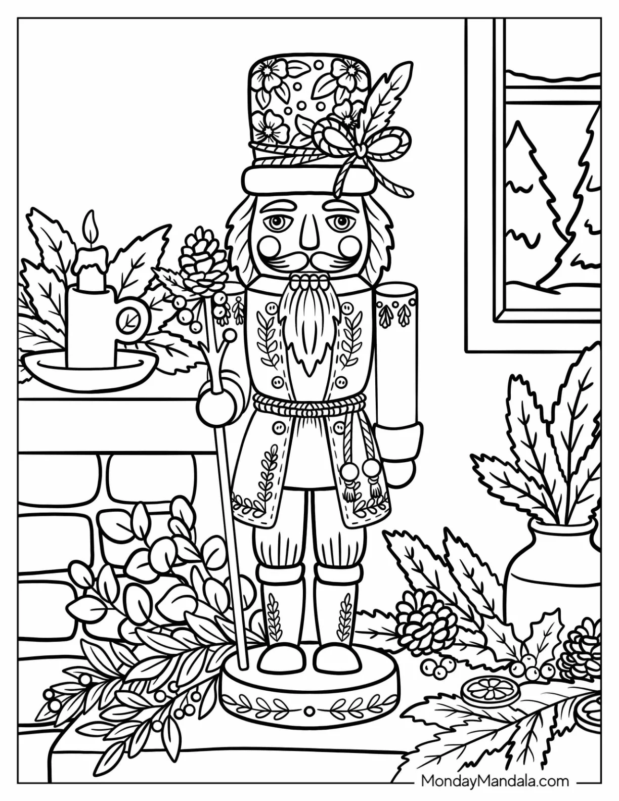 Nutcracker Holding a Staff by a Christmas Fireplace Coloring Page coloring page