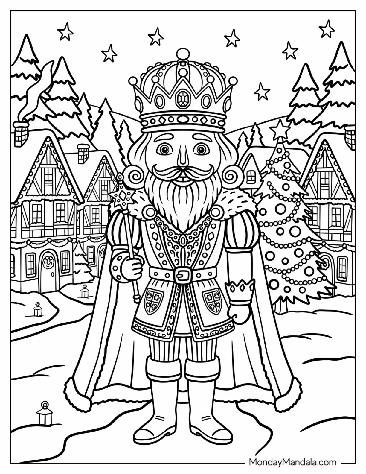 Nutcracker King in a Snowy Christmas Village Coloring Page coloring page — printable line art