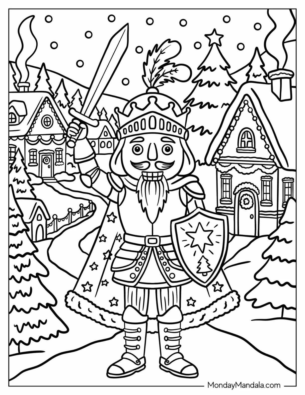 Nutcracker Knight Holding a Sword and Shield in a Snowy Village coloring page
