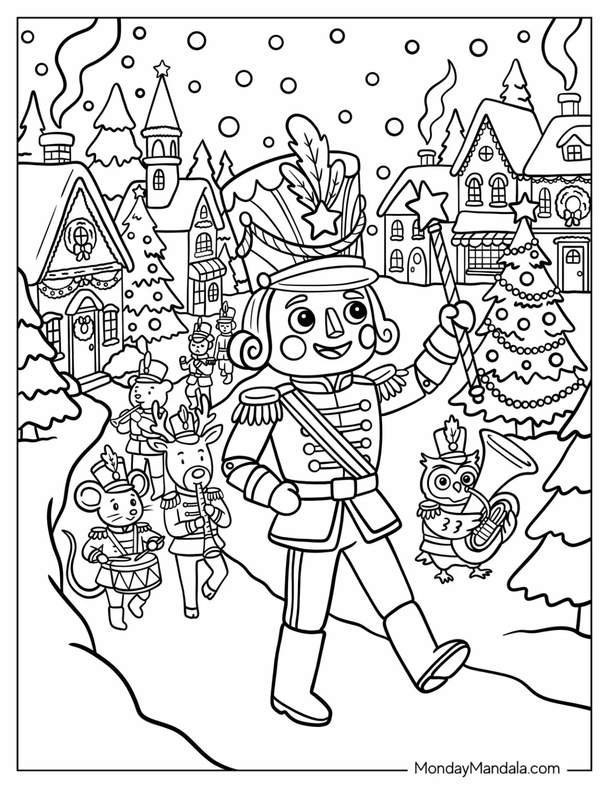 Nutcracker Leading a Christmas Parade Through a Snowy Village Coloring Page coloring page — printable line art