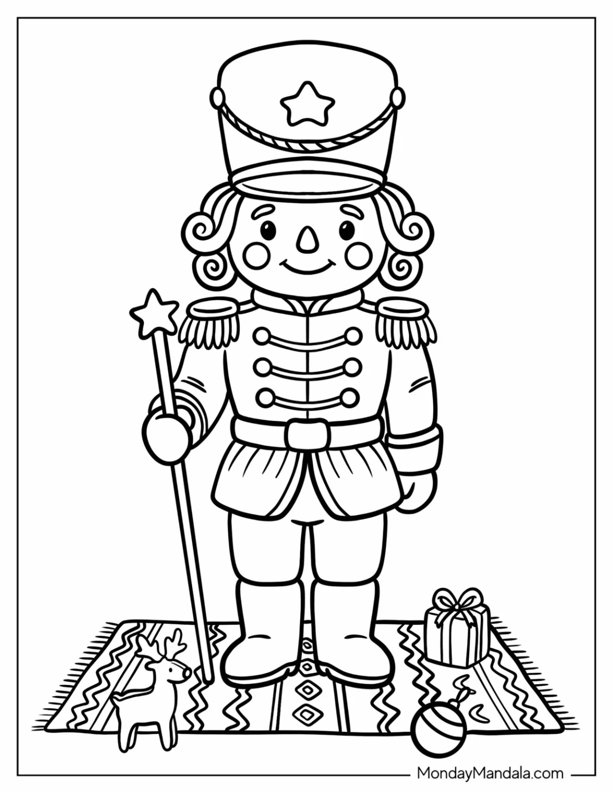 Nutcracker Soldier Holding a Star Wand with Christmas Gifts Coloring Sheet coloring page