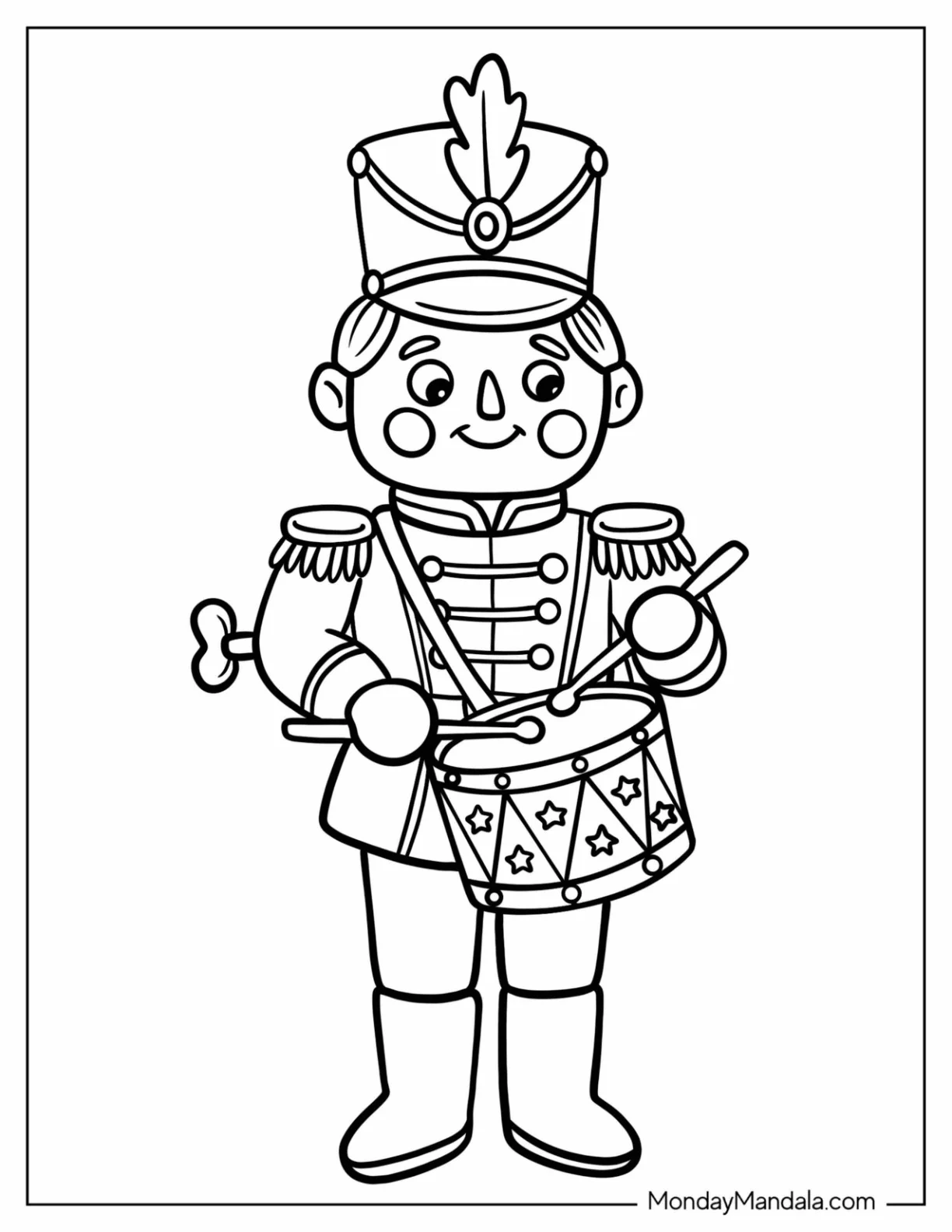 Nutcracker Soldier Playing a Star Decorated Drum Coloring Page for Kids coloring page — printable line art