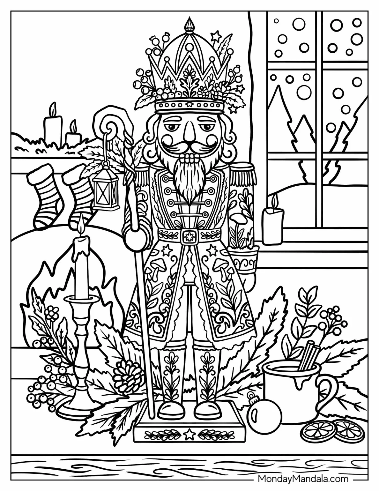 Ornate Nutcracker King Holding a Candy Cane by a Christmas Fireplace Coloring Page coloring page