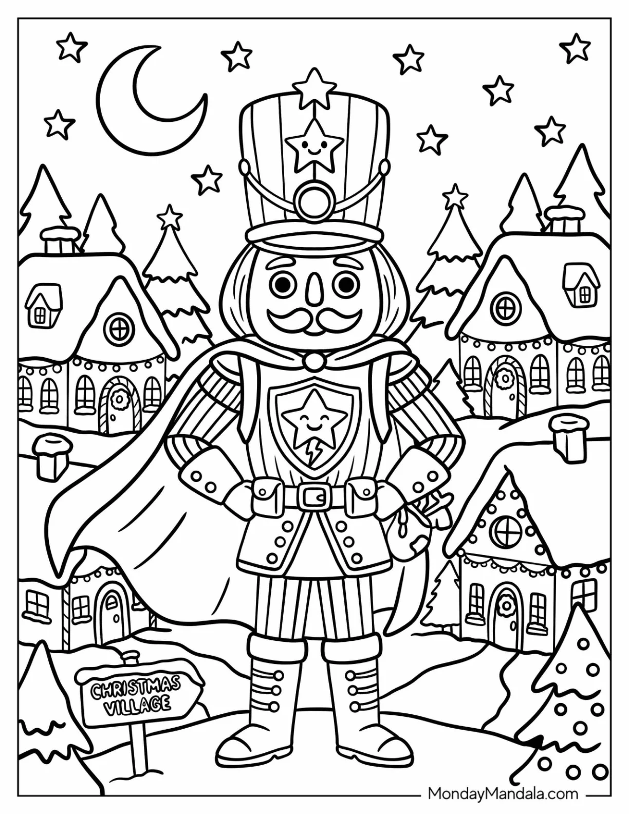 Star Themed Nutcracker Guarding a Snowy Christmas Village Coloring Sheet coloring page